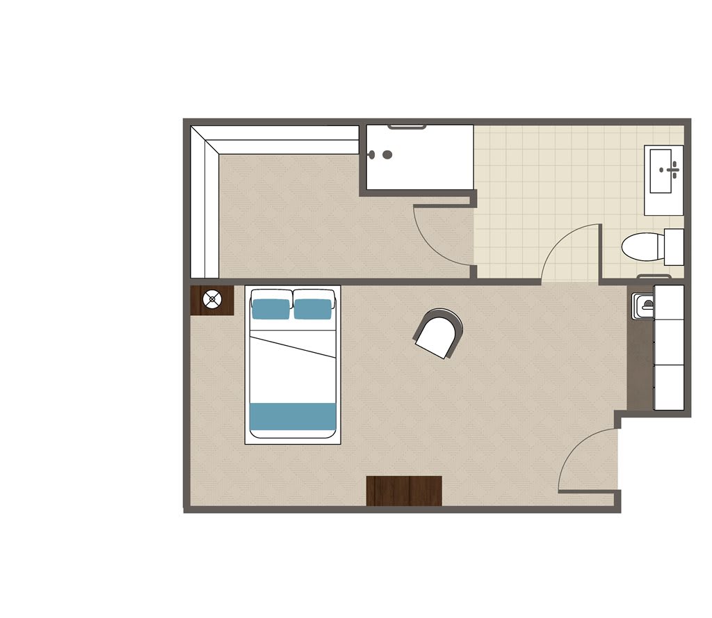 A simple floor plan showing a bedroom with furniture arrangement and adjoining bathroom.