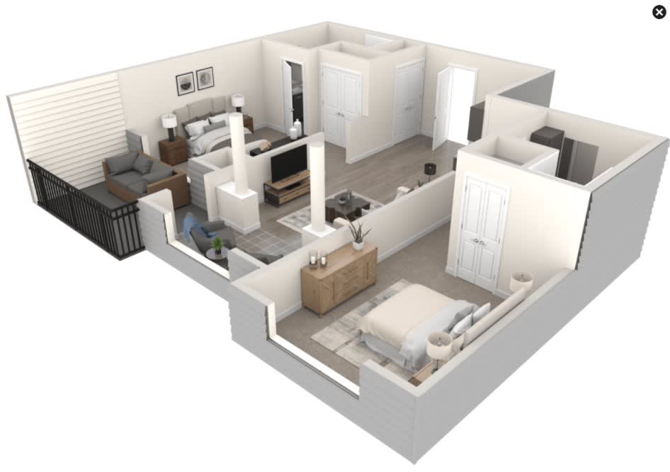3D floor plan of a modern one-bedroom apartment with living and dining areas.