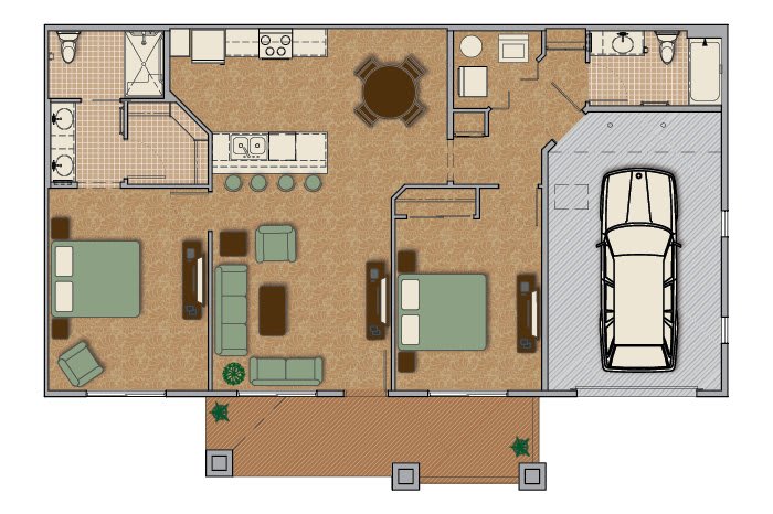 A detailed floor plan illustrating the layout of a home, including bedrooms, a living room, kitchen, dining area, bathroom, and garage.