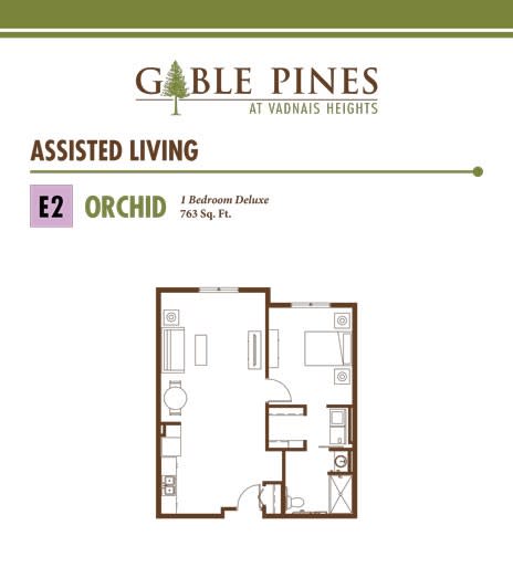 Floor plan of the Orchid unit, a 1-bedroom deluxe apartment in Gable Pines Assisted Living.