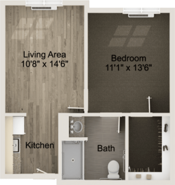 A floor plan of a one-bedroom apartment featuring a living area, kitchen, and bathroom with specified dimensions.