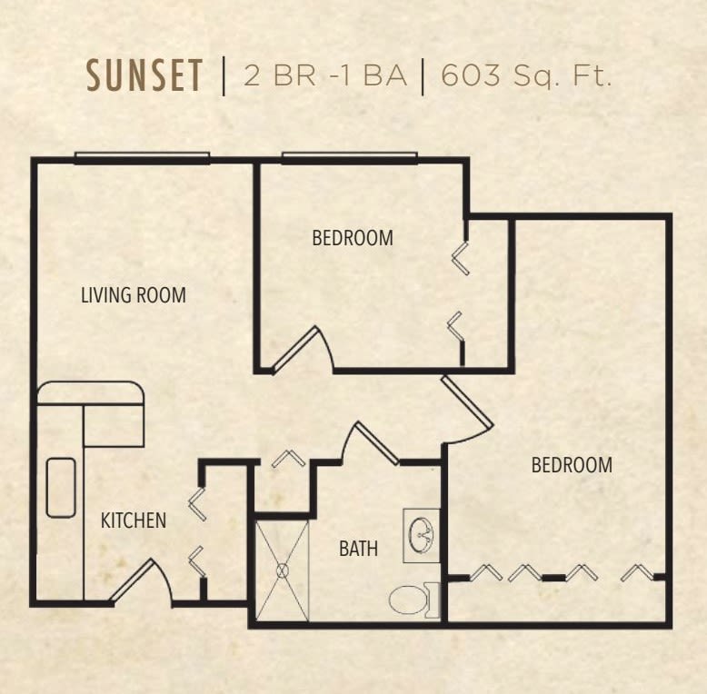 Floor plan of a two-bedroom, one-bathroom apartment totaling 805 square feet.
