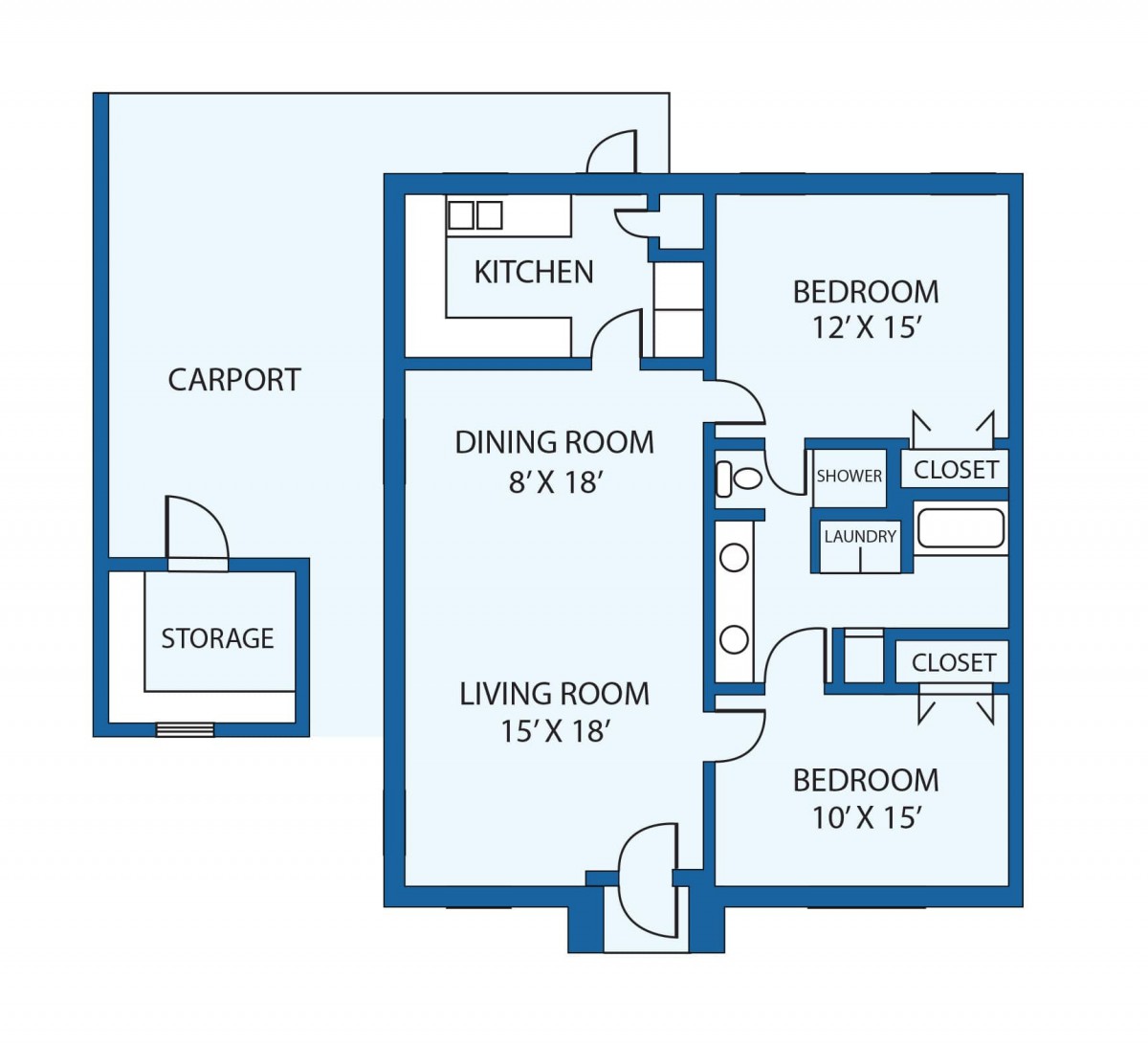 Floor plan of a two-bedroom apartment with kitchen, living room, dining room, and closets.
