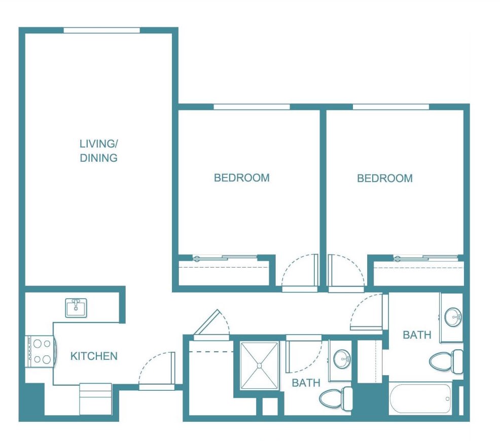 A floor plan featuring two bedrooms, a living/dining area, kitchen, and two bathrooms.
