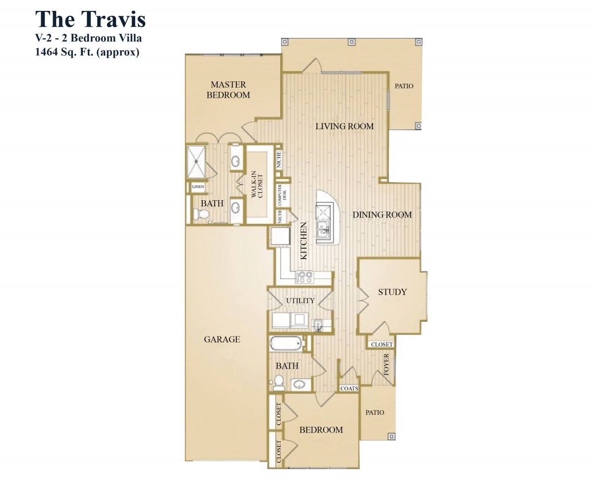 A floor plan for a three-bedroom apartment named 'The Travis', featuring a spacious living area and modern amenities.