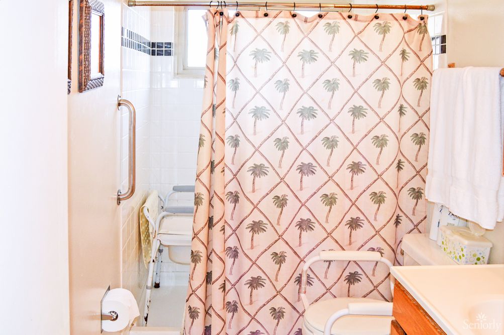 A bathroom with a patterned shower curtain and accessible features.