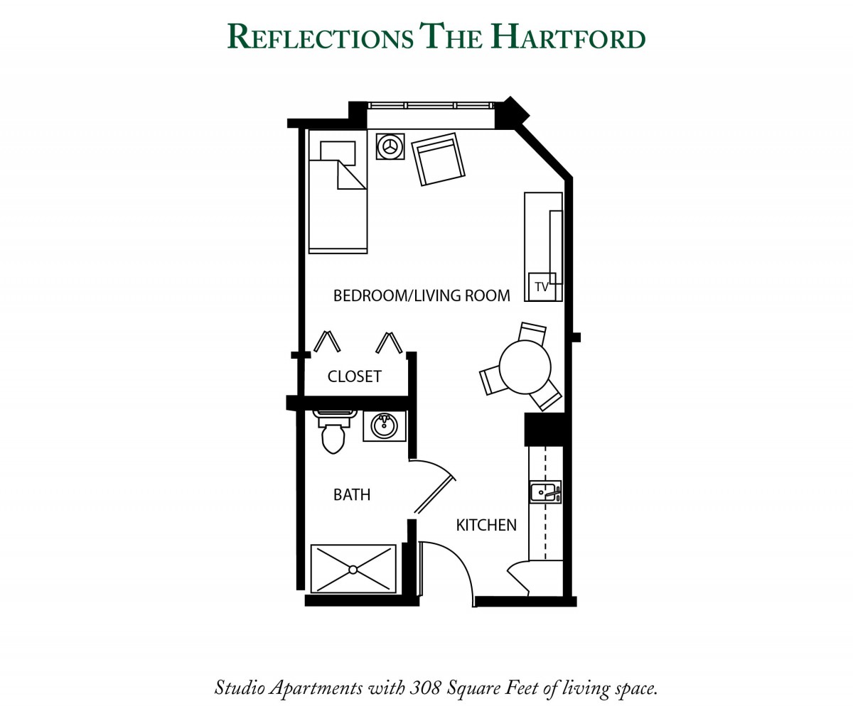 Studio apartment floor plan for Reflections The Hartford with detailed room layout.
