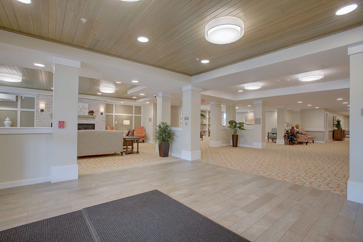 A modern lobby area with comfortable seating and stylish decor.