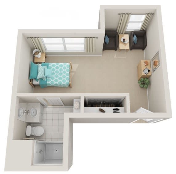 A 3D floor plan of a studio apartment featuring a bedroom, bathroom, and workspace.