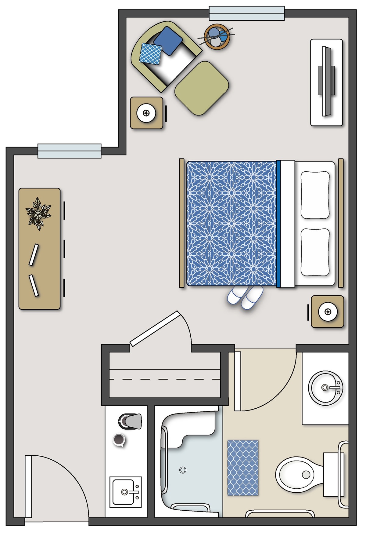 A detailed floor plan of a small apartment with a bedroom, living area, and bathroom.