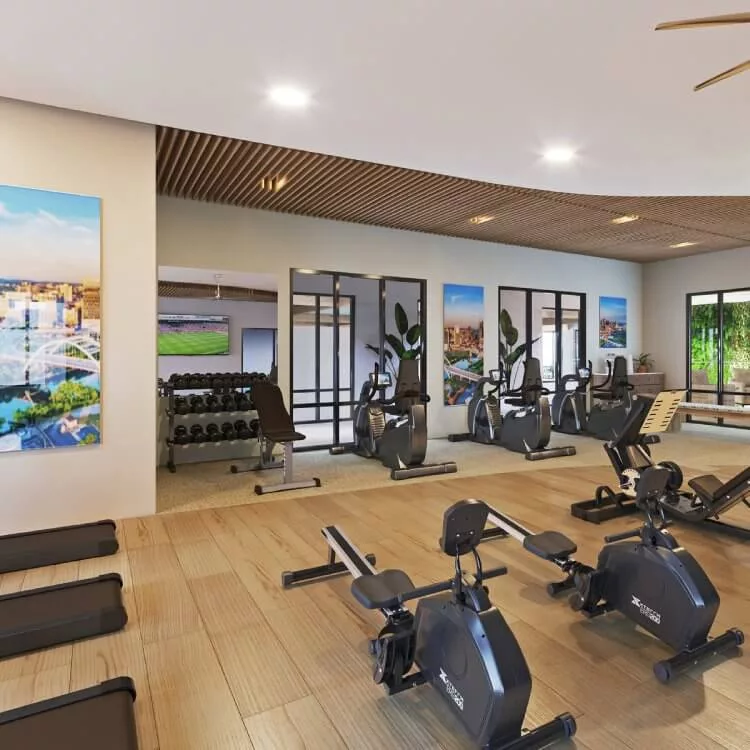 Modern gym interior with a variety of exercise equipment.