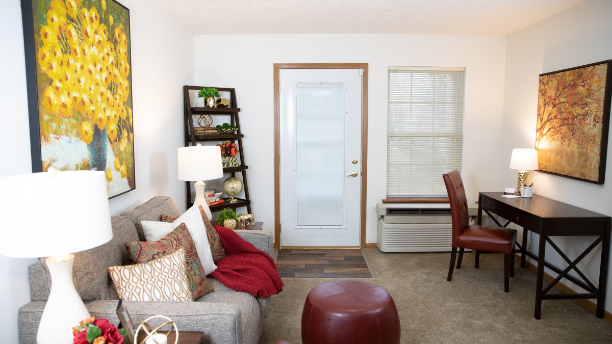 A cozy living room with a sofa, bookshelf, and window.