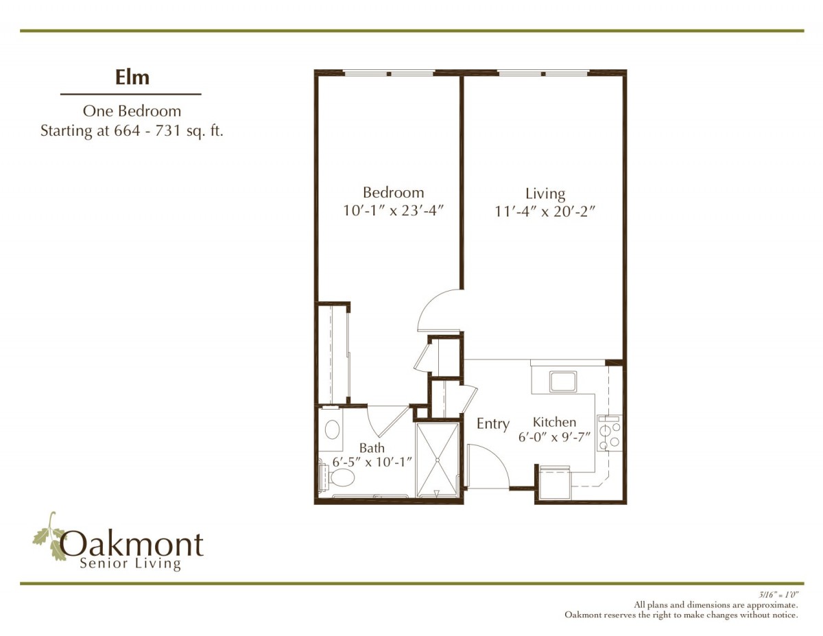 Floor plan of a one-bedroom apartment at Oakmont, covering 570 sq. ft.