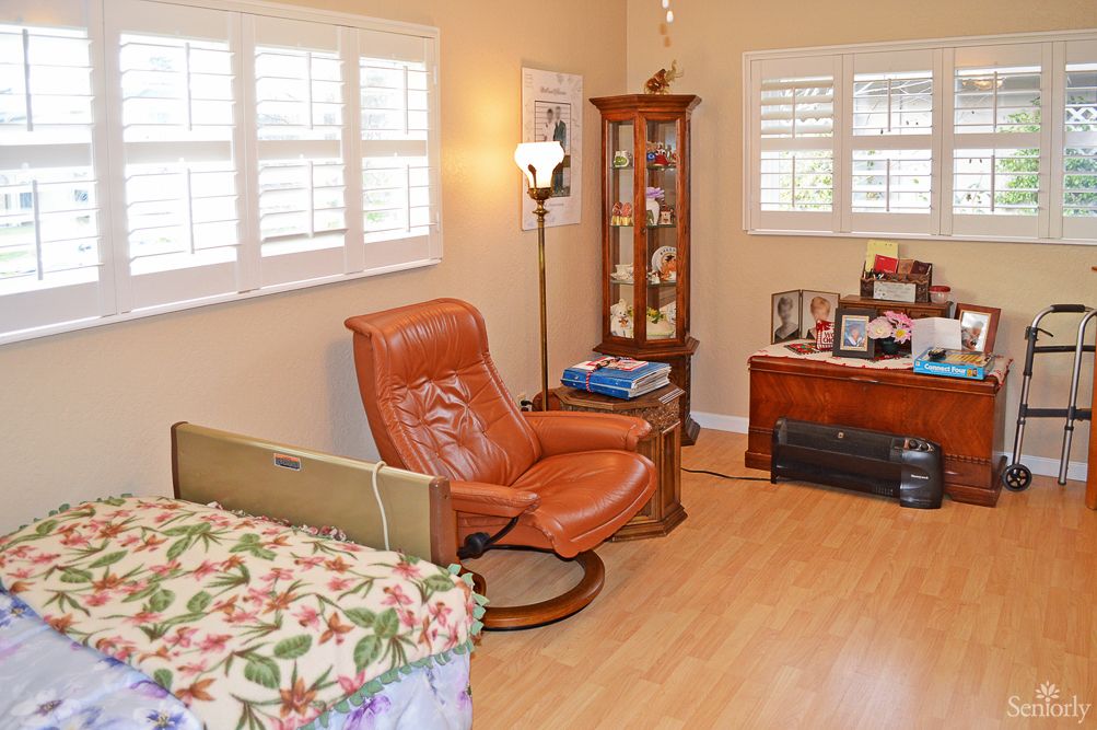 Cozy living room with a leather chair, wooden cabinet, and natural lighting.