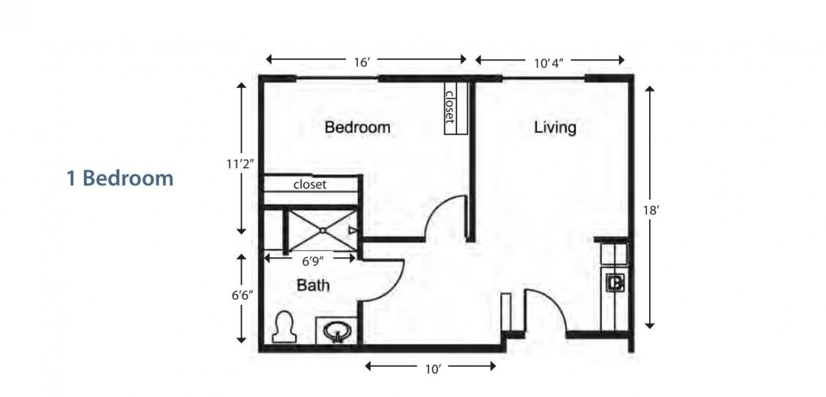 One-bedroom apartment floor plan with a living area and bathroom.