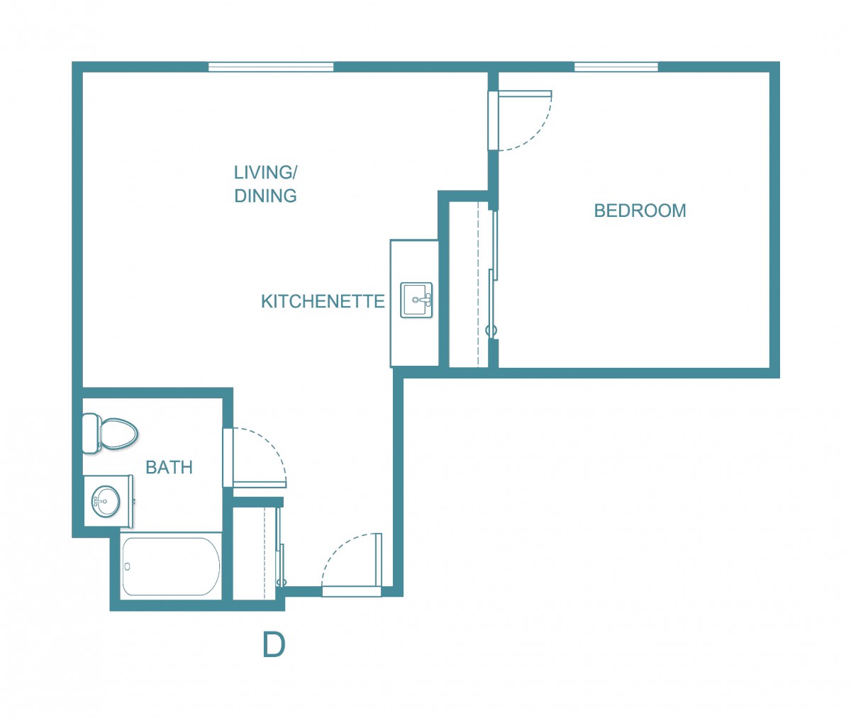 A floor plan of a one-bedroom apartment featuring a kitchenette, living/dining area, and bathroom.