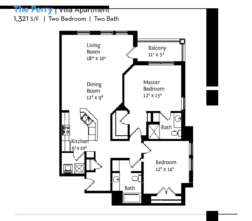 Floor plan of a two-bedroom, two-bathroom apartment with a living room, dining area, kitchen, and balcony.