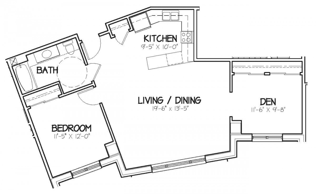 A floor plan of a one-bedroom apartment featuring a kitchen and living/dining area.