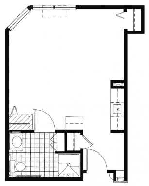A detailed floor plan showing the layout of a one-bedroom apartment with a bathroom and kitchen area.