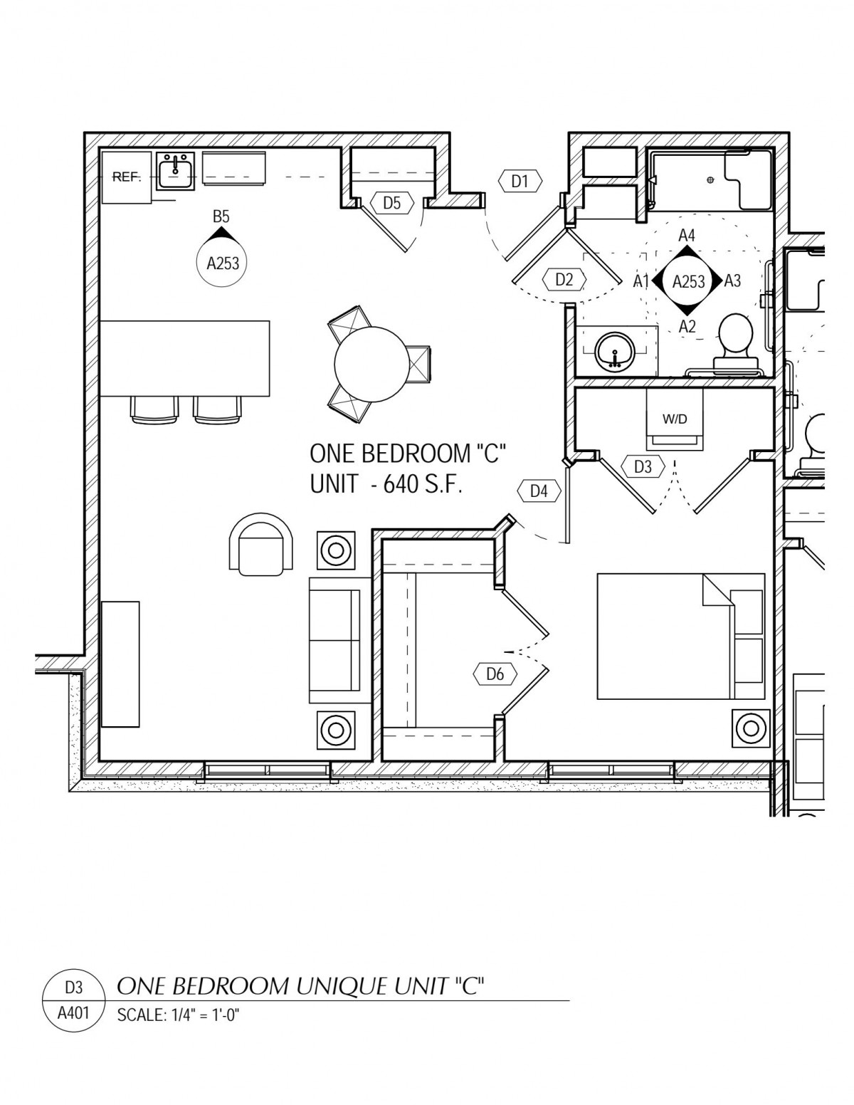 A detailed floor plan of a one-bedroom apartment layout.