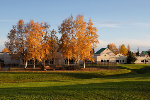 A serene autumn landscape featuring vibrant yellow trees and a charming building under a clear blue sky.