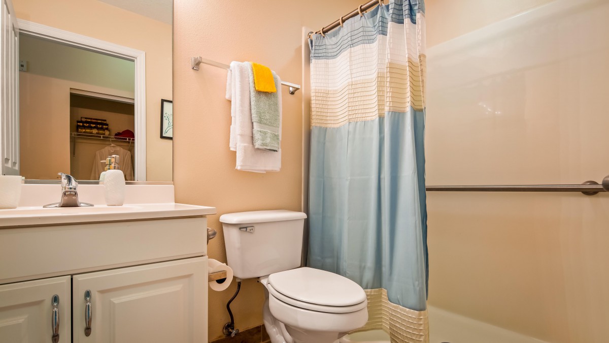 A clean and tidy bathroom with a blue and white shower curtain.