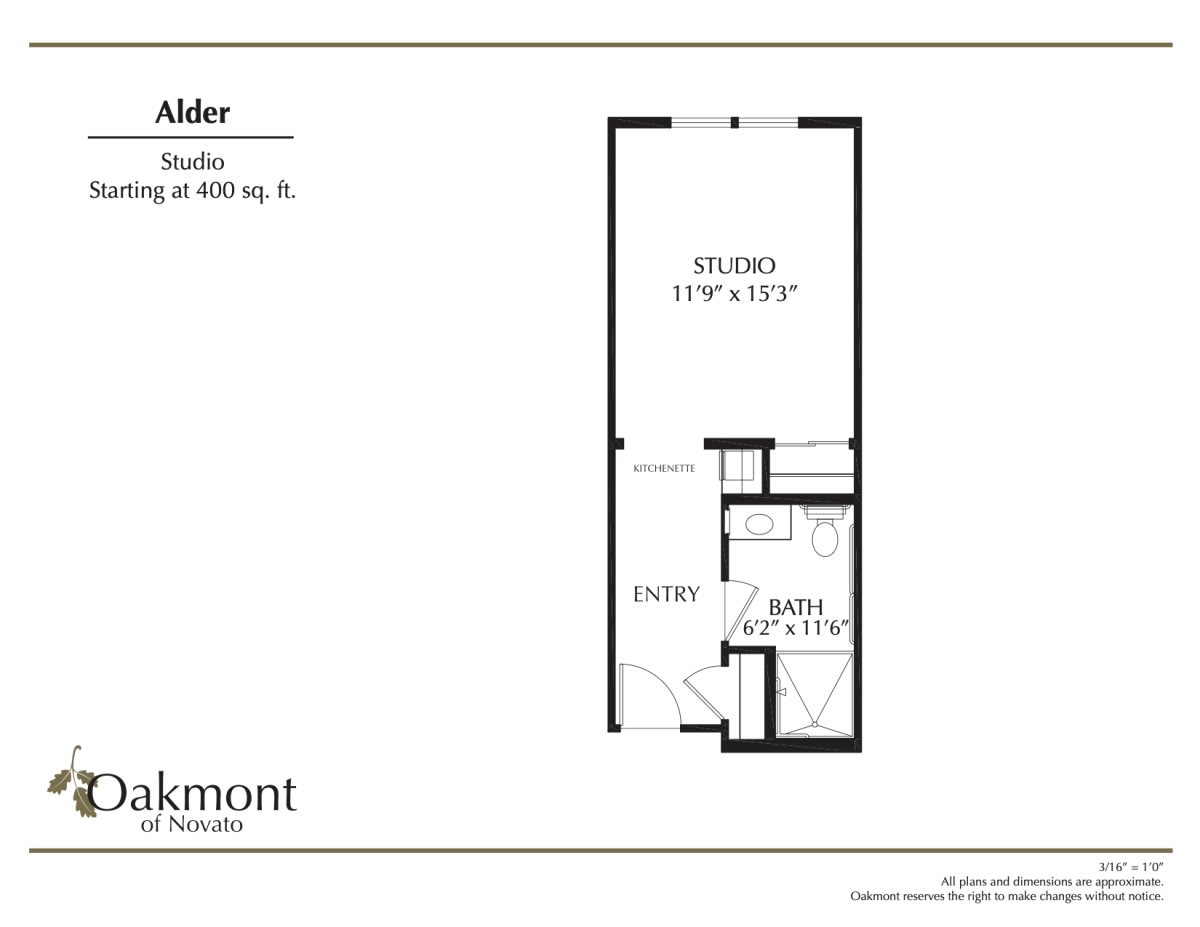Floor plan of a studio apartment layout with labeled dimensions.