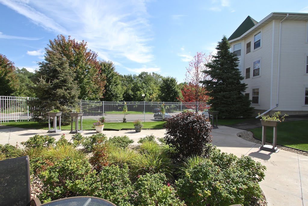 A serene outdoor garden with a walkway surrounded by trees and plants near a building.