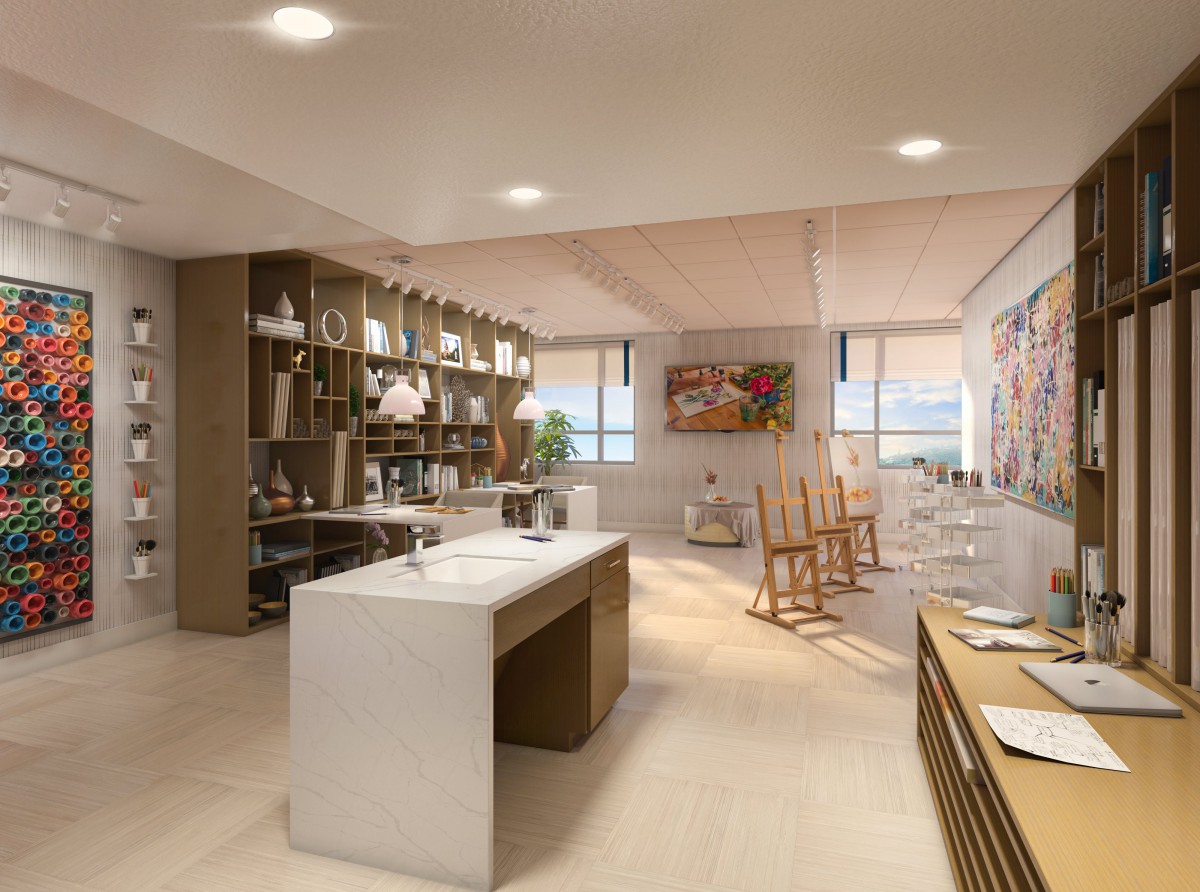 A modern art studio with spacious work areas and creative tools.