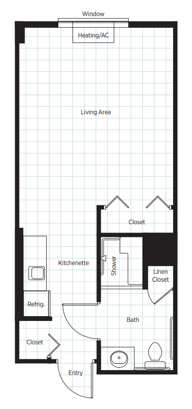 A floor plan of a studio apartment featuring a living area, kitchenette, closet space, and bathroom.