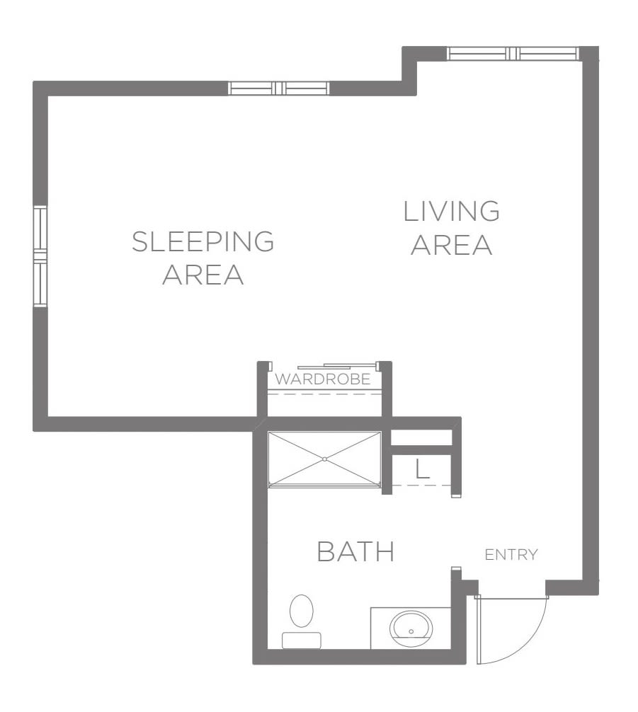 Studio apartment floor plan with sleeping area, living area, and bathroom.