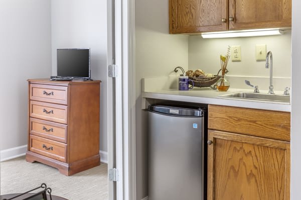 A cozy apartment kitchen with wooden cabinets, a mini-fridge, and adjacent living space with a TV.