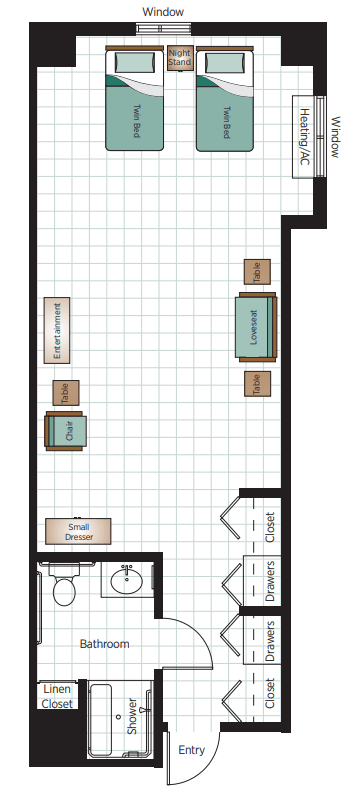 A floor plan showing a living room layout with sofas, a coffee table, and a television.