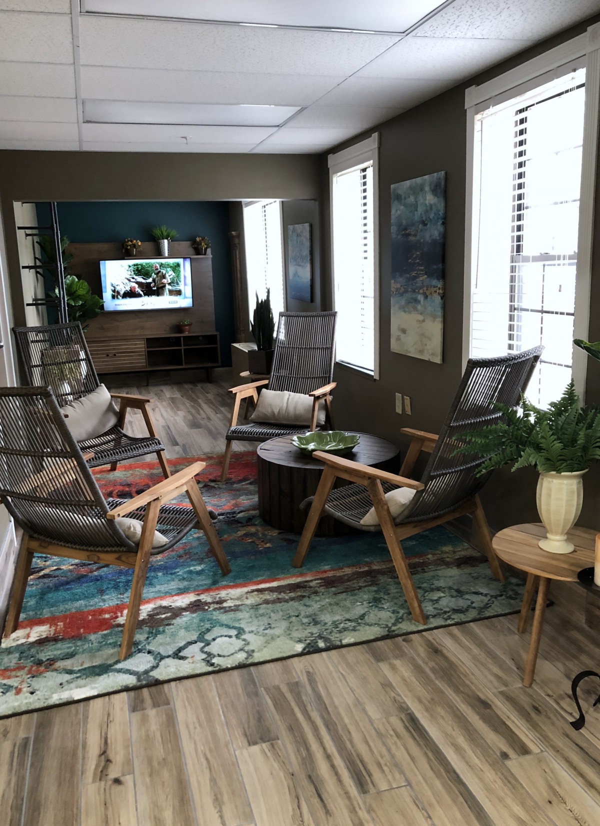 A modern living room featuring comfortable seating, a colorful rug, and a television.