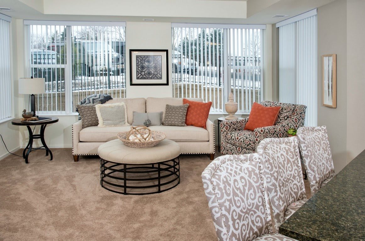 A cozy living room with modern furniture and stylish decor, featuring a sofa, plush cushions, and a round coffee table.