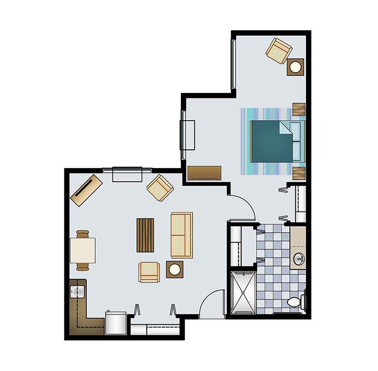 A floor plan of a one-bedroom apartment featuring a living area, kitchen, bathroom, and a separate sleeping area.