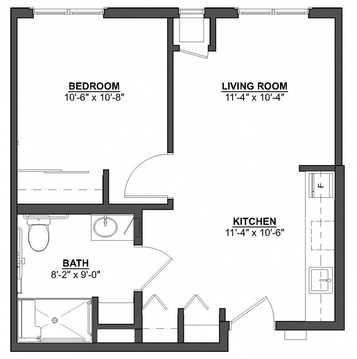 This is a floor plan of a 1-bedroom apartment featuring a kitchen, bathroom, and living room.