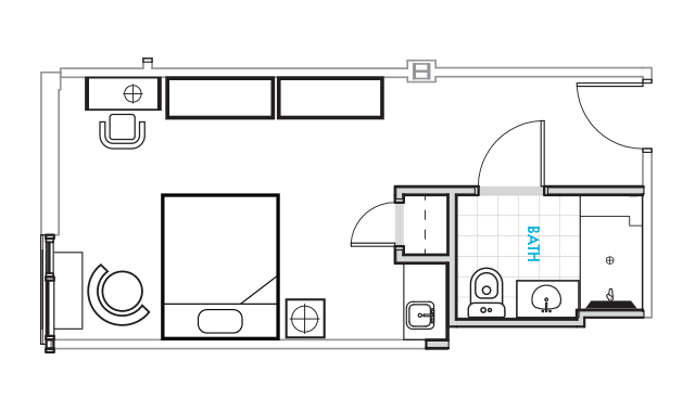 A floor plan of a studio apartment featuring a bedroom, bathroom, and kitchen area.