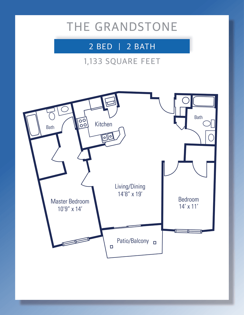 A floor plan showcasing a 2-bedroom, 2-bathroom apartment layout totaling 1105 square feet.