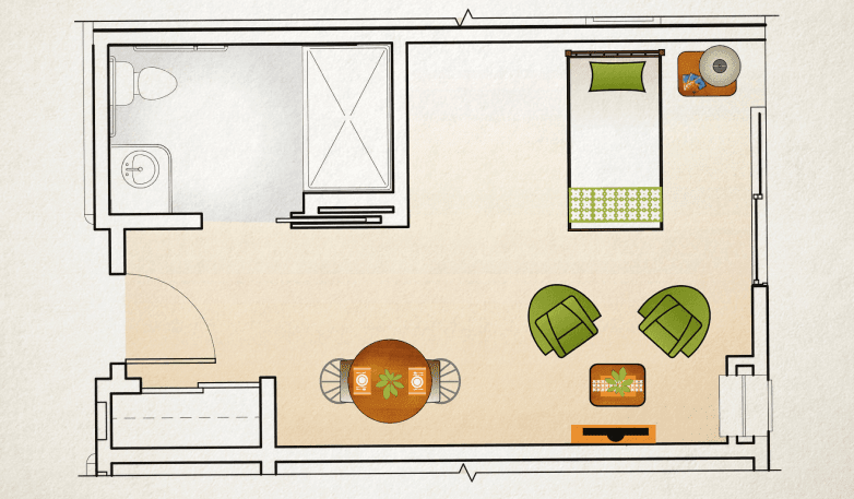 A floor plan illustrating the layout of a room with furniture, including a bed, chairs, a table, and a TV.