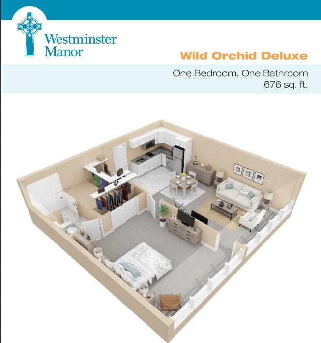3D floor plan of the Wild Orchid Deluxe one-bedroom, one-bathroom apartment at Westminster Manor.