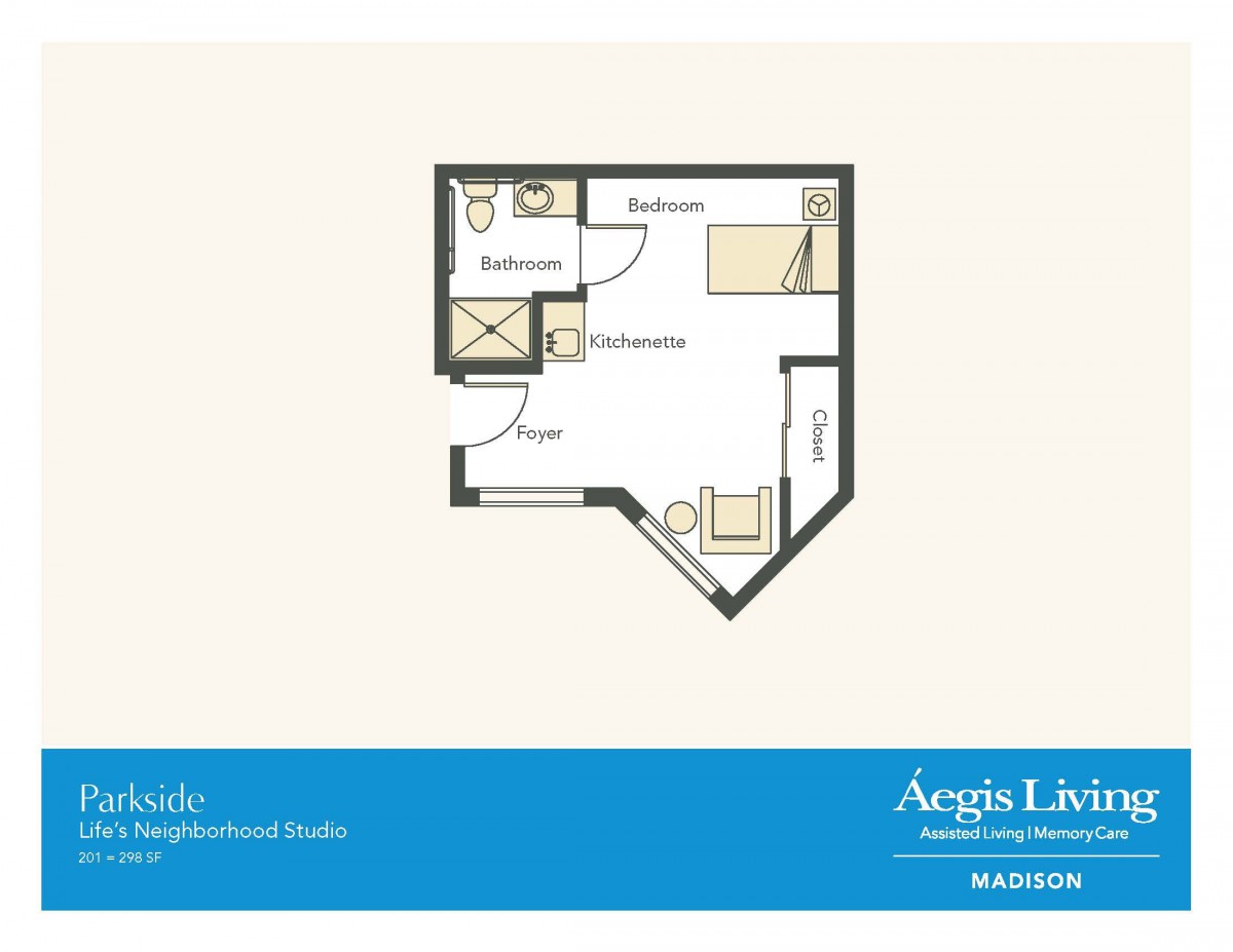 A floor plan showing a one-bedroom apartment with a bathroom and living area.