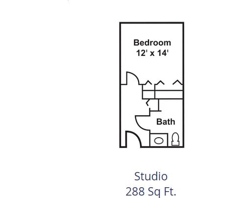 A floor plan of a studio apartment with a bedroom and bathroom, totaling 288 square feet.