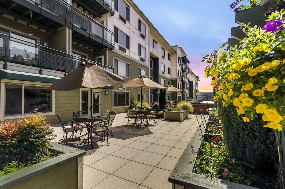A spacious outdoor patio area with tables, umbrellas, and plants adjacent to an apartment building.