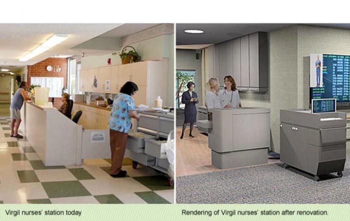 Comparison of current and proposed hospital nurse station designs.