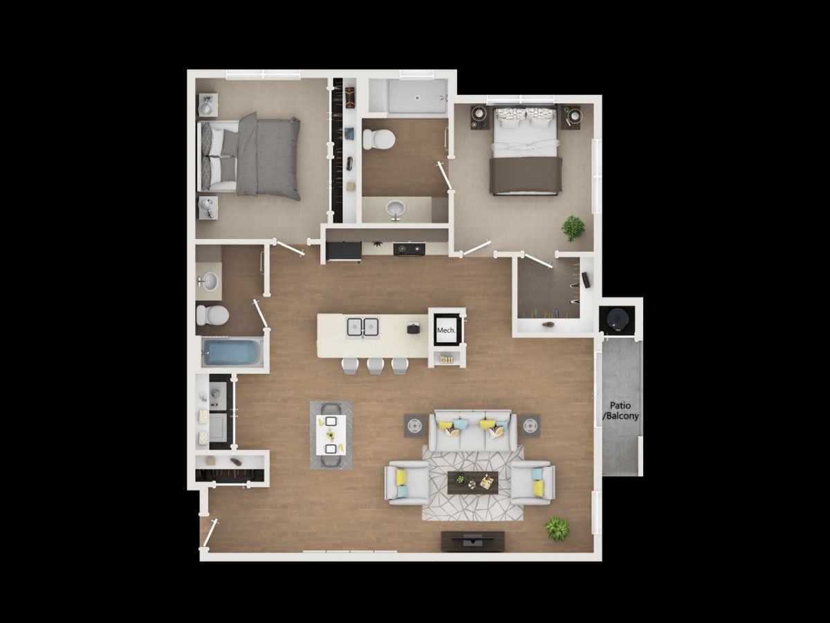 A modern two-bedroom apartment floor plan featuring an open living area with a kitchen island.