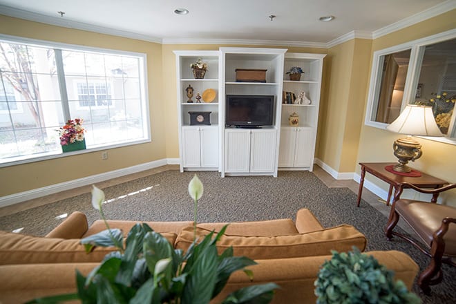 A cozy living room featuring a sofa, shelves with decorations, and a television.