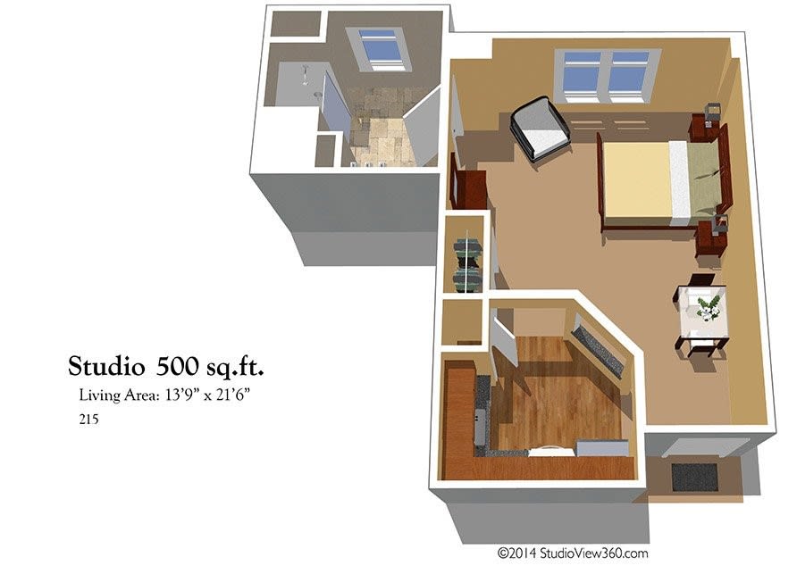 3D floor plan of a 500 sq. ft. studio apartment.
