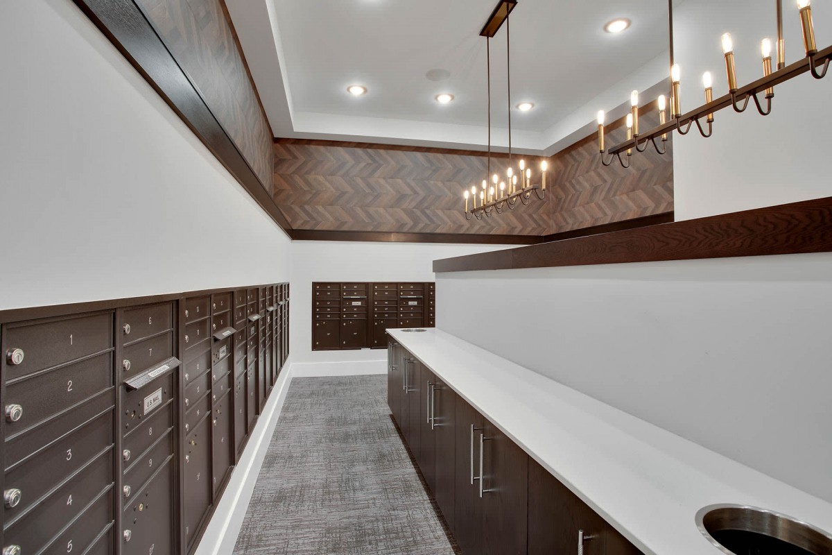 A modern kitchen interior featuring sleek countertops and dark wood cabinetry with elegant chandeliers.