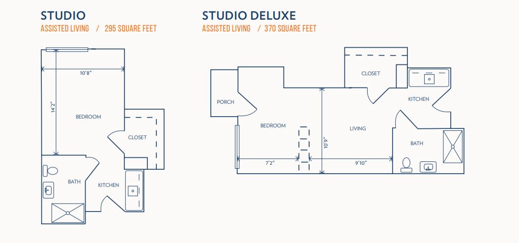 Comparison of basic and deluxe studio apartment floor plans.